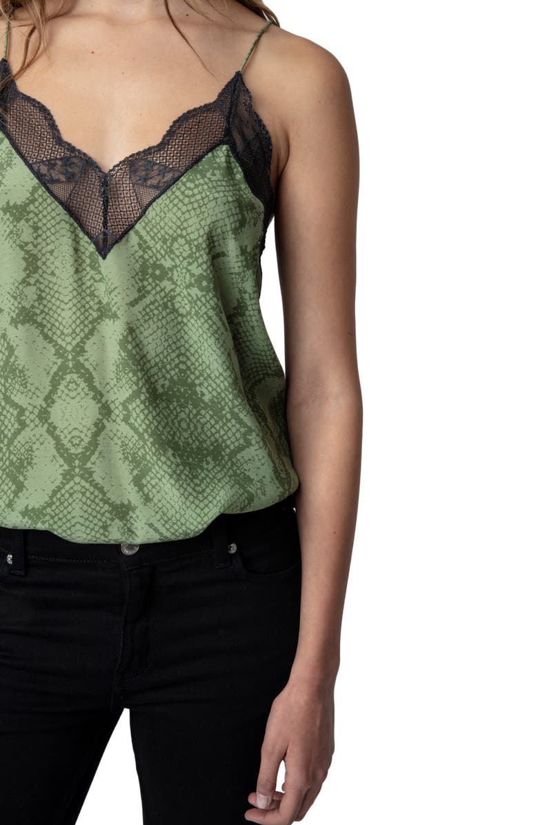 Zadig & Voltaire Christy Python Print Lace Edge Camisole, Alternate, color, Kaki