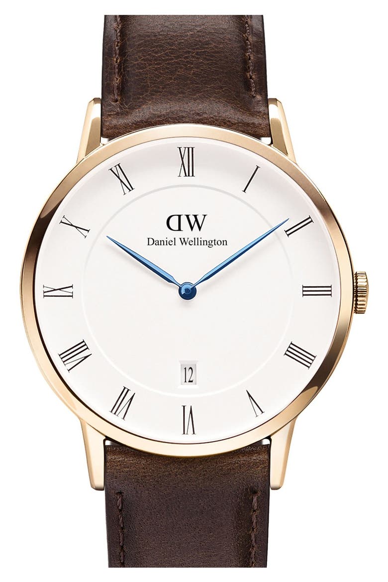 'Dapper Bristol' Leather Strap Watch, 38mm, Main, color, DARK BROWN/ ROSE GOLD