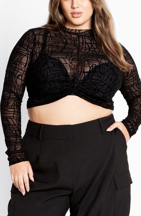 Evie Long Sleeve Mesh Crop Top (Plus)