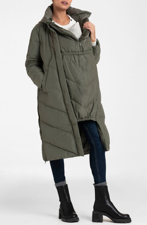 Long Maternity Down & Feather Fill Puffer Coat with Babywearing Panel