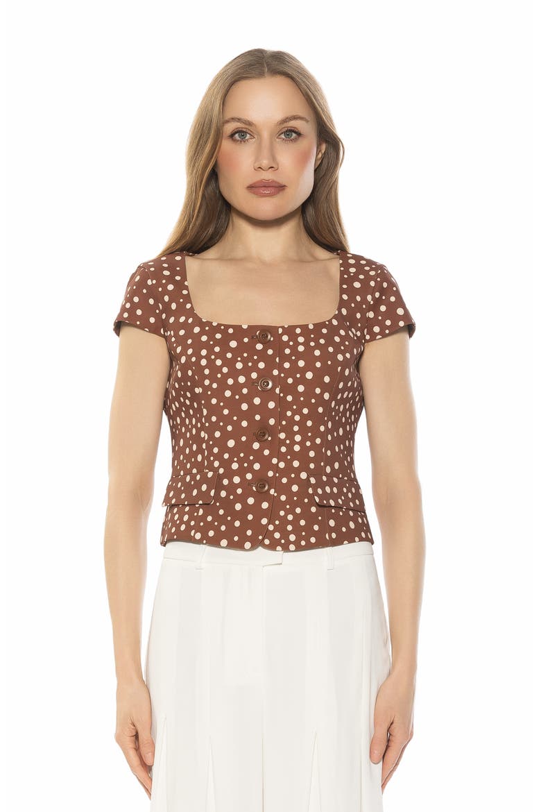 Cap Sleeve Button-Up Top, Alternate, color, BROWN POLKA
