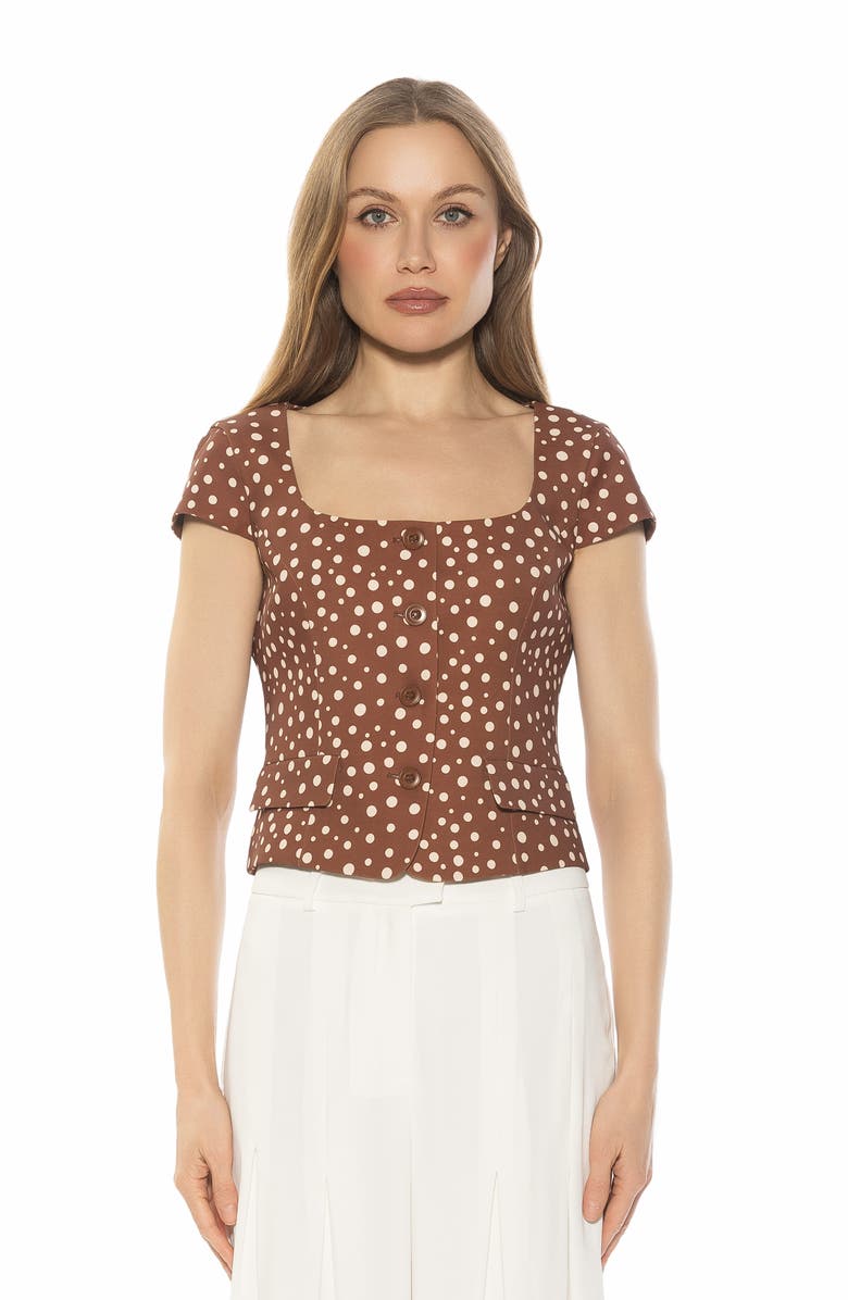 Alexia Admor Cap Sleeve Button-Up Top, Alternate, color, Brown Polka
