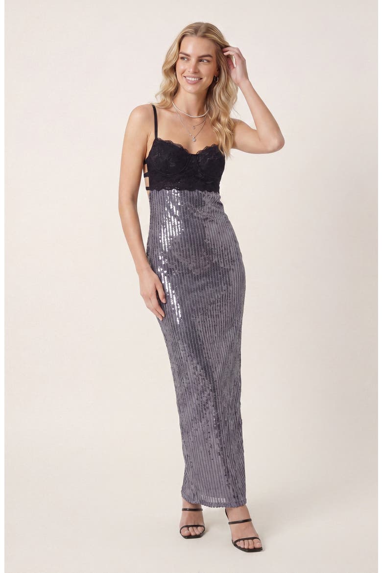 Lace Bustier Open Back Sequin Maxi Dress, Alternate, color, Silver / Black