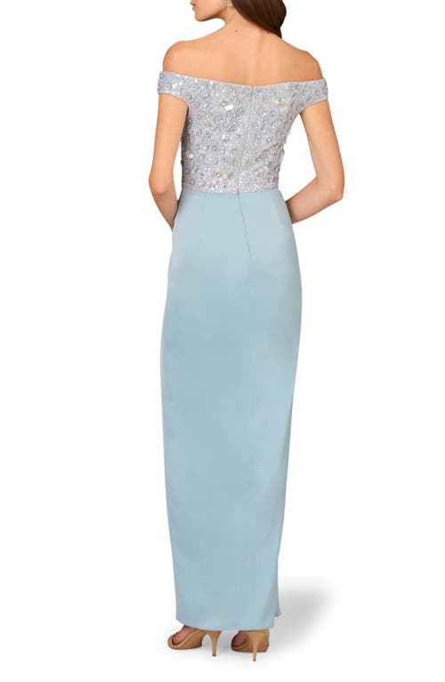 Aidan Mattox By Adrianna Papell Beaded Off The Shoulder Mixed Media Gown In Clear Water