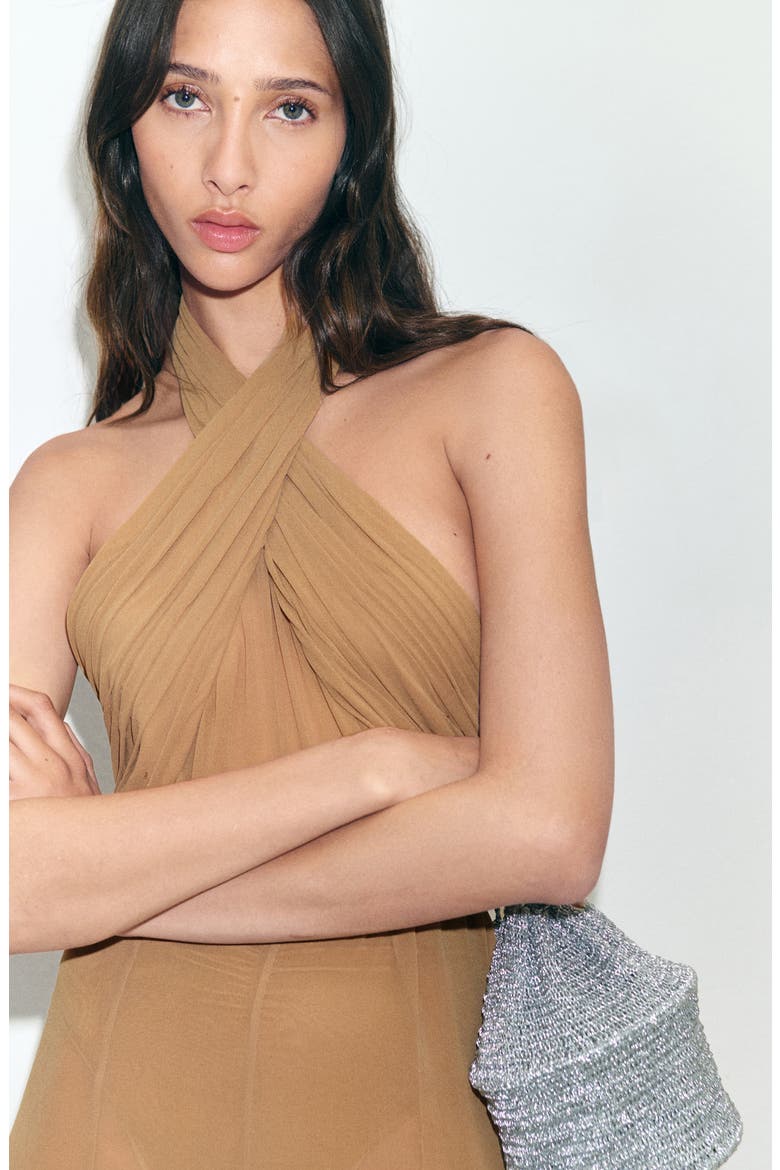 Mesh Halter Dress, Alternate, color, MEDIUM BEIGE