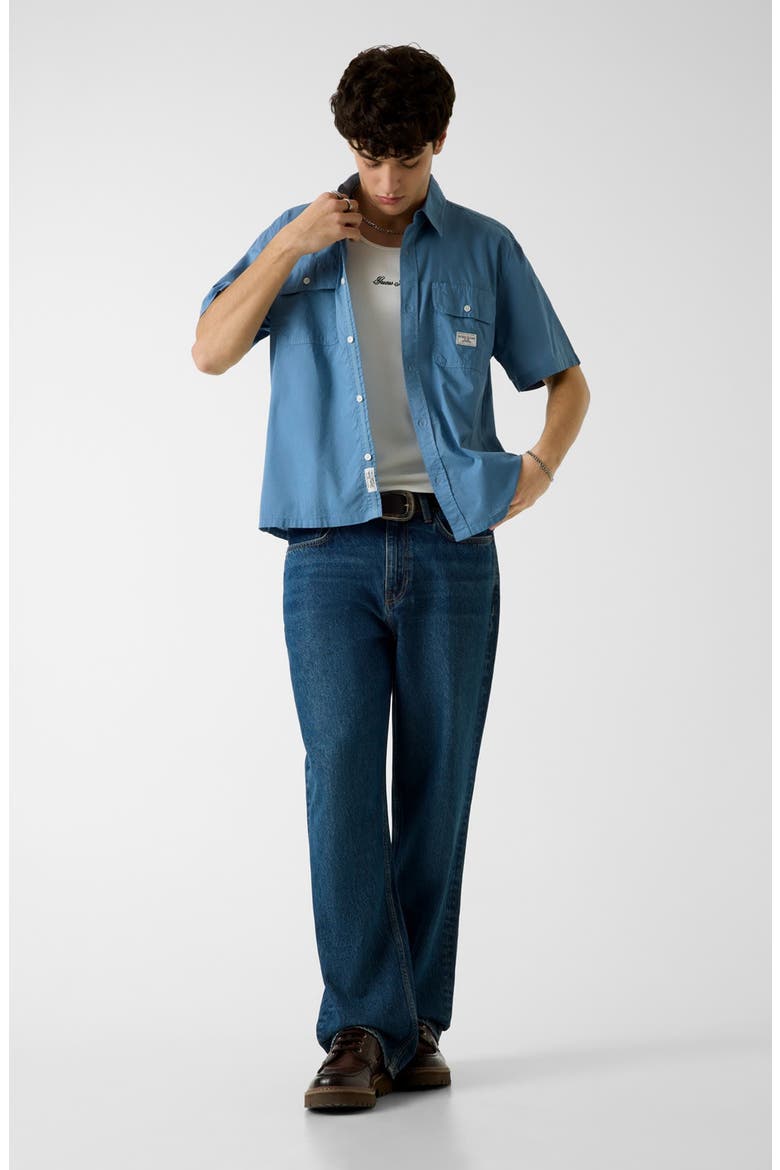 Boxi Crop Short Sleeve Cotton Button-Up Shirt, Alternate, color, BLUE