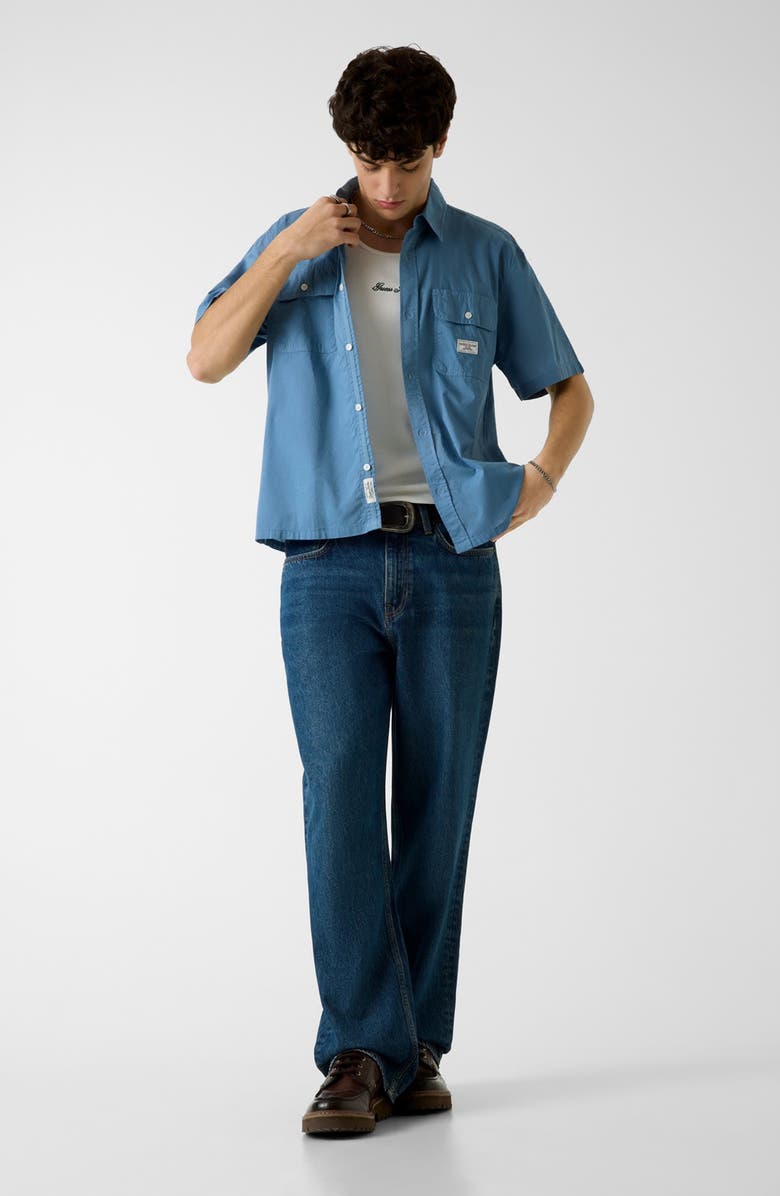 GUESS Boxi Crop Short Sleeve Cotton Button-Up Shirt, Alternate, color,