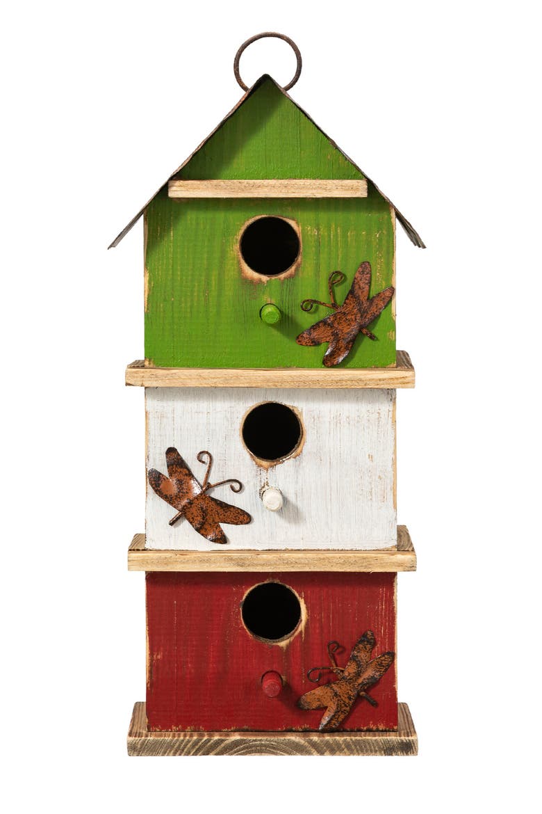 13.75"H Multicolored Three-Tiered Distressed Solid Wood Birdhouse, Alternate, color, Green