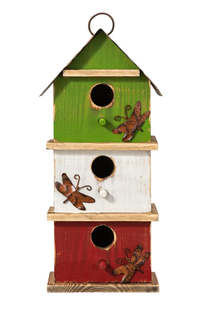 Glitzhome 13.75"H Multicolored Three-Tiered Distressed Solid Wood Birdhouse, Alternate, color, Green