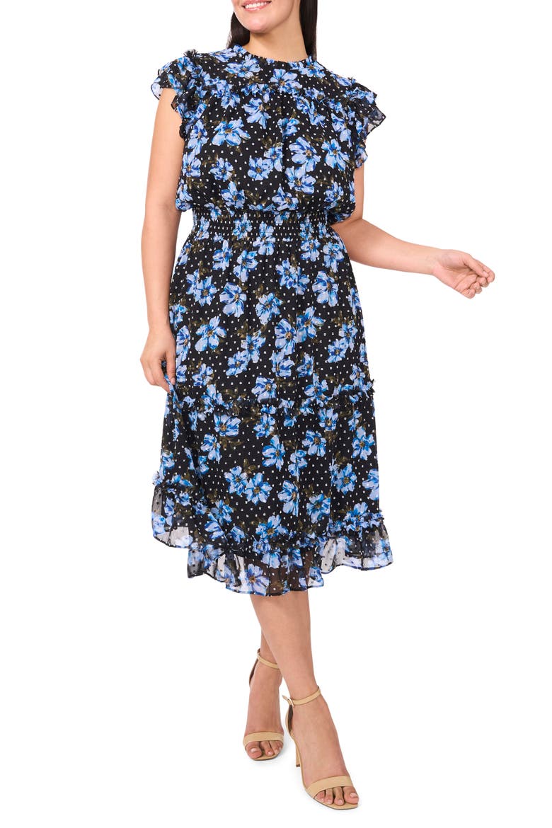 Floral Flutter Sleeve Smock Waist Midi Dress, Main, color, SERENE BLUE