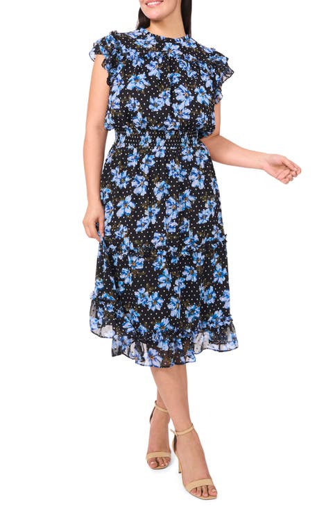 Floral Flutter Sleeve Smock Waist Midi Dress (Plus)