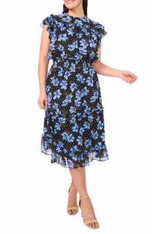 CeCe Floral Flutter Sleeve Smock Waist Midi Dress