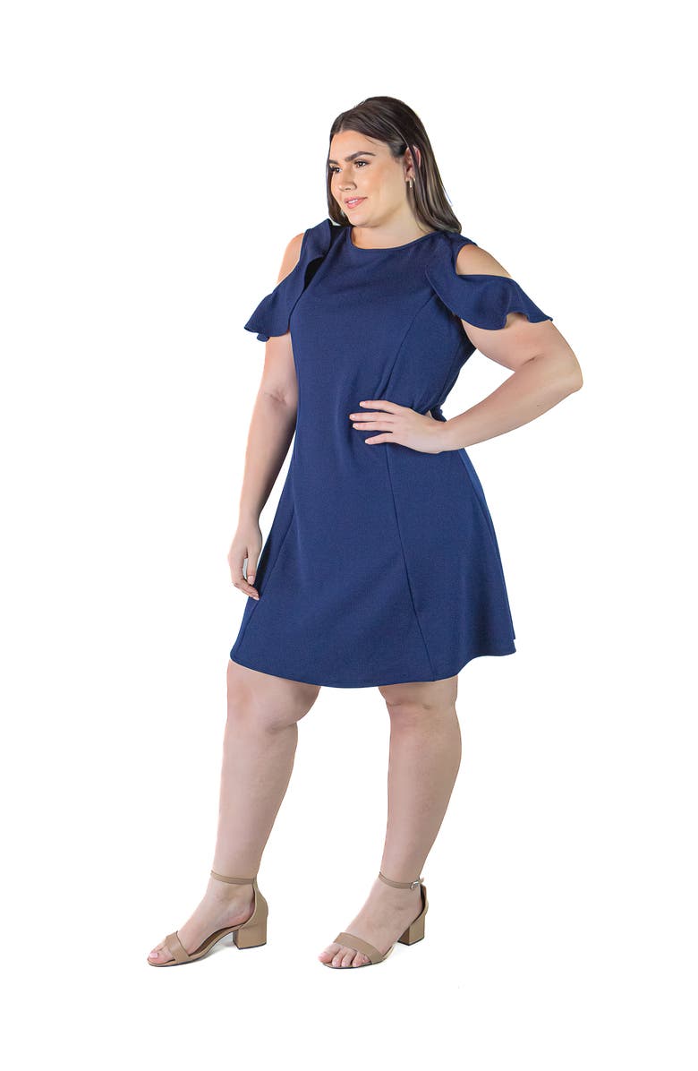 24seven Comfort Apparel Plus Size Ruffle Cold Shoulder A Line Knee Length Dress, Alternate, color, Navy