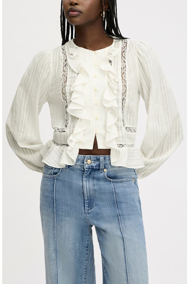 Lace Inset Ruffle Cotton Button-Up Shirt, Alternate, color, BRIGHT WHITE