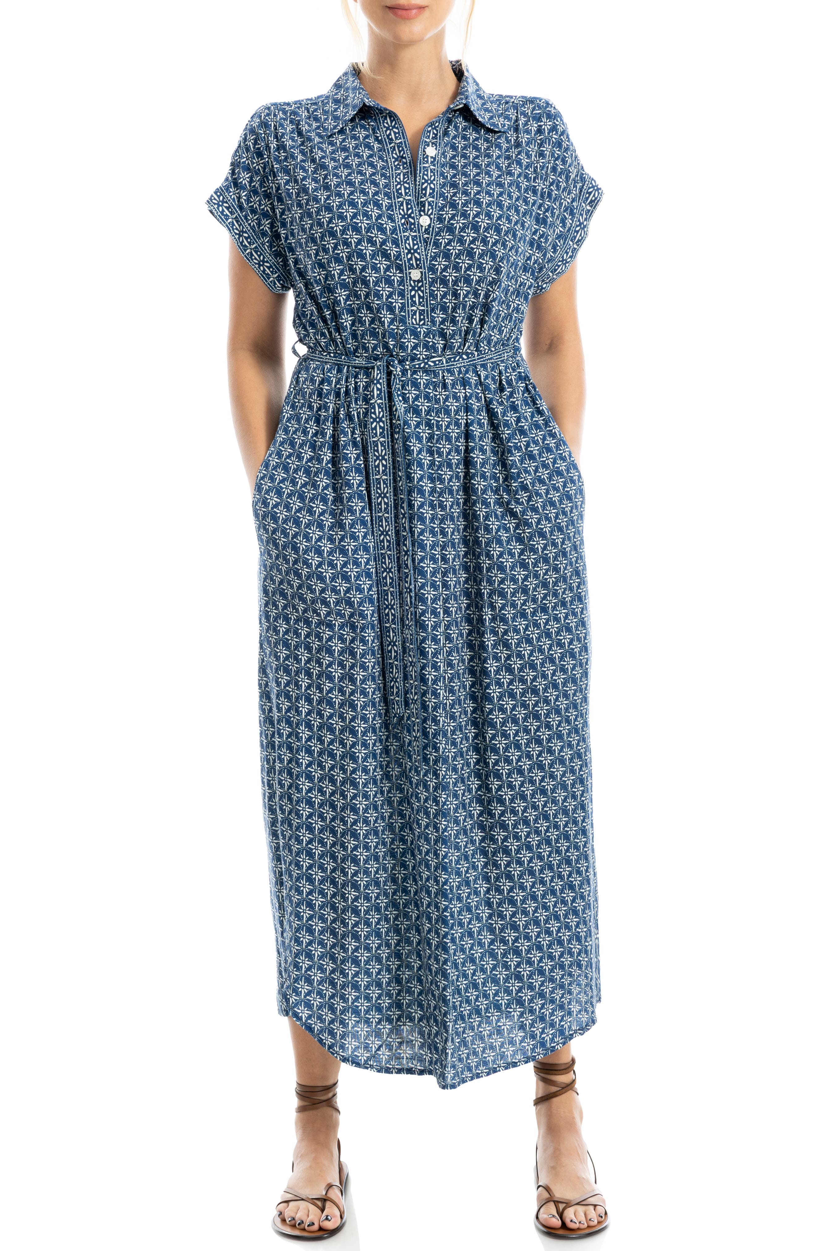 MAX STUDIO Short Sleeve Tie Waist Shirtdress