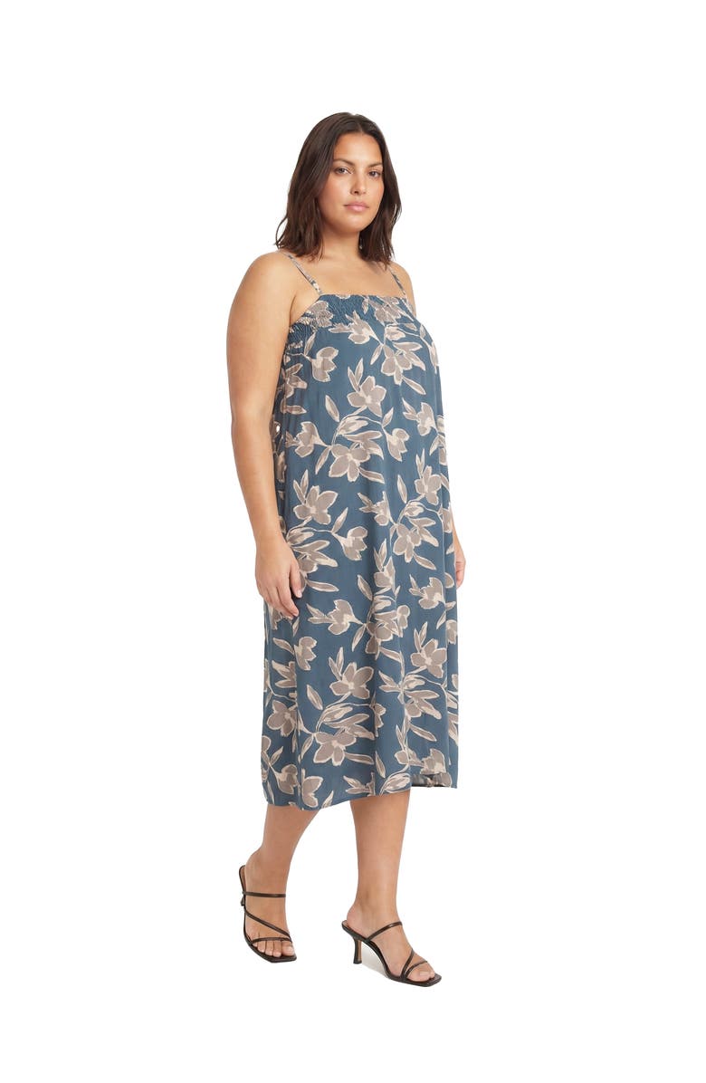 24seven Comfort Apparel Curvy Essential Floral Print Spaghetti Strap Smocked Pocket A-Line Maxi Dress, Alternate, color, Blue Multi