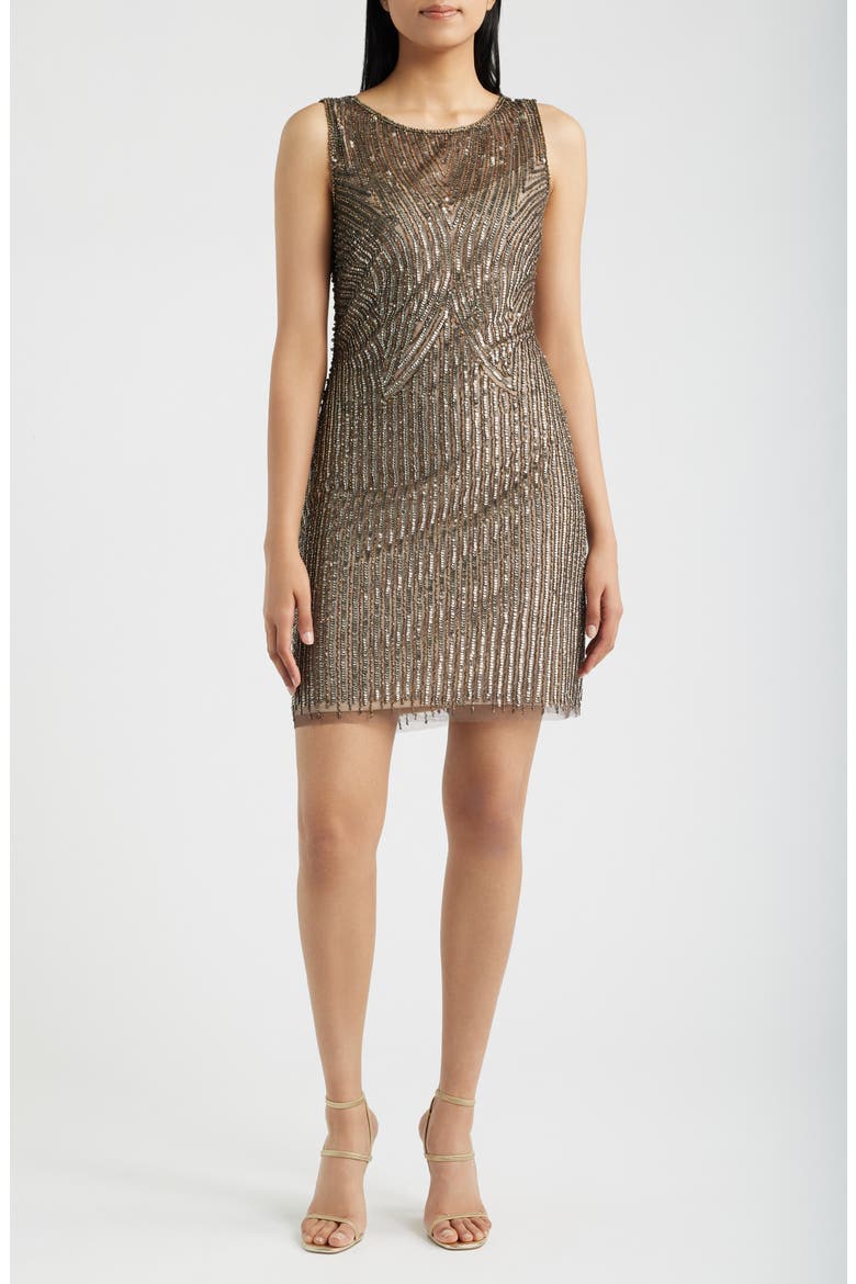 Beaded Sleeveless Cocktail Dress, Main, color, MOCHA/ GOLD SILVER