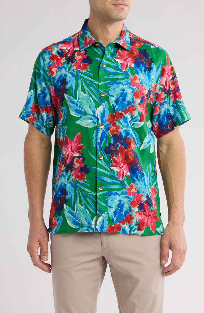 Tommy Bahama Painterly Botanic Floral Short Sleeve Silk Button-Up Shirt, Main, color, 