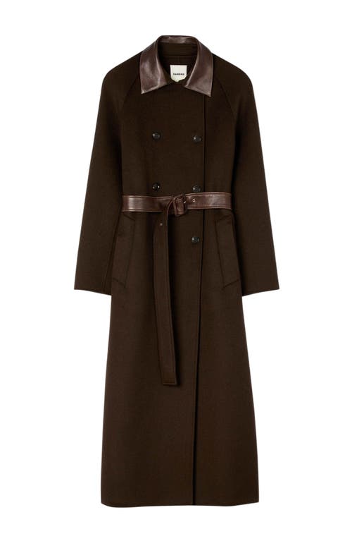 Sandro Long Wool And Leather Coat In Black