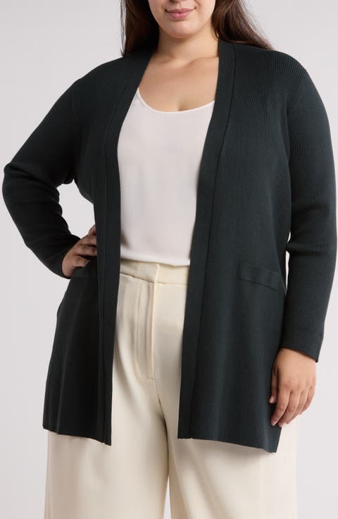 Open Front Ribbed Long Cardigan (Plus)