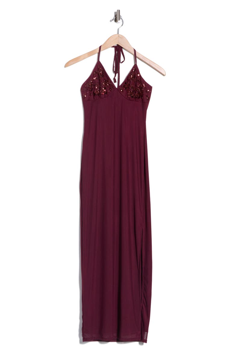 Sequin and Beaded Halter Maxi Dress, Main, color, BURGUNDY