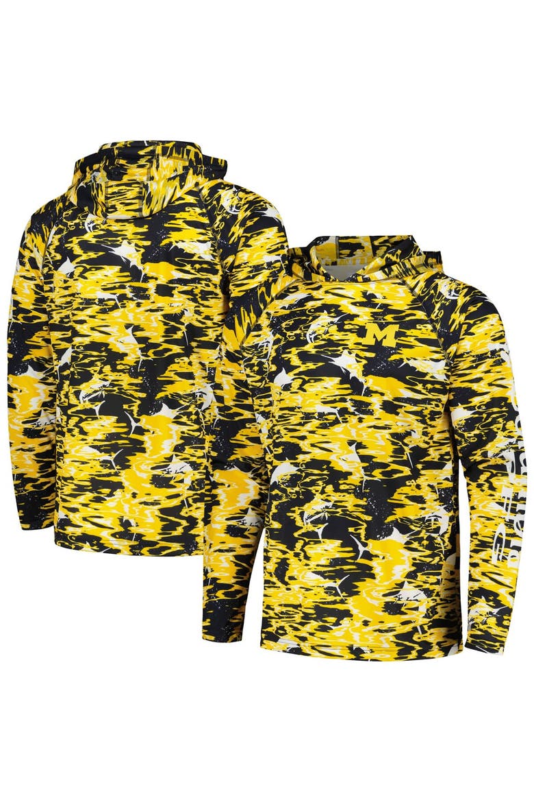 Men's Columbia Navy Michigan Wolverines PFG Terminal Tackle Omni-Shade Rippled Long Sleeve Hooded T-Shirt, Main, color, Navy