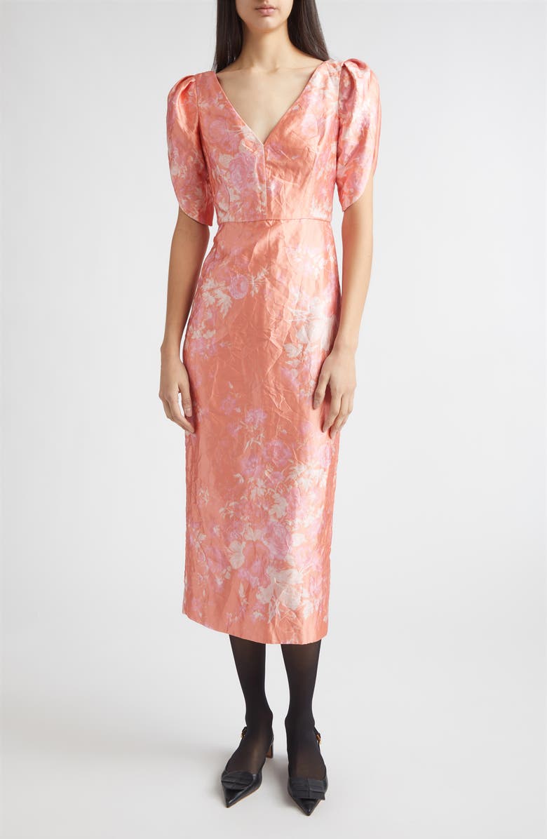 Erdem Floral Print Crushed Metallic Satin Gown, Main, color, Rose Bouquet Peach Pink