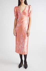 Erdem Floral Print Crushed Metallic Satin Gown