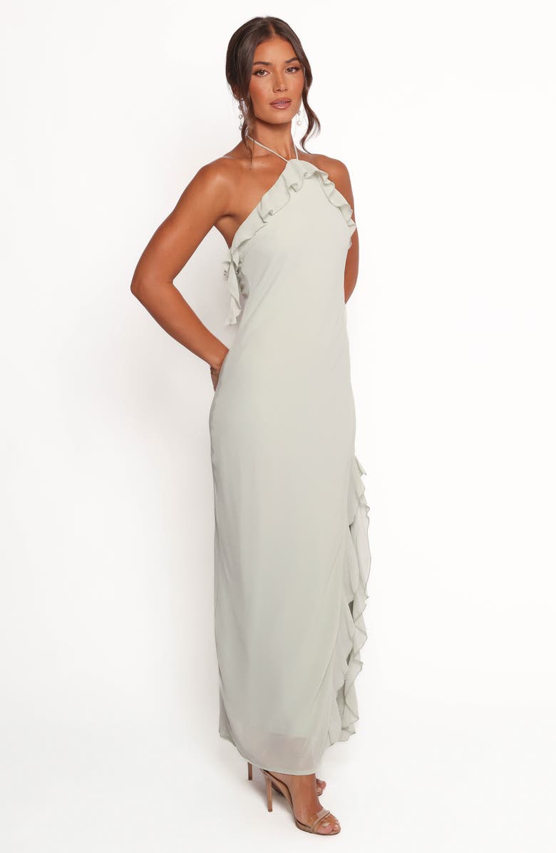 Petal & Pup Patricia Ruffle Detail Halter Neck Maxi Dress, Alternate, color, Sage