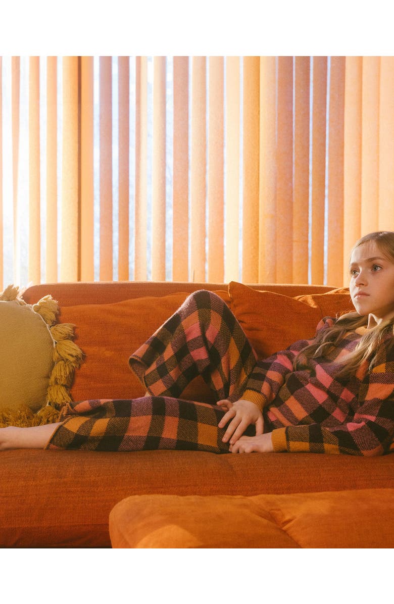 Deux par Deux Little Girl's Cropped Wide Leg Pant Plaid Magenta And Brown, Alternate, color,