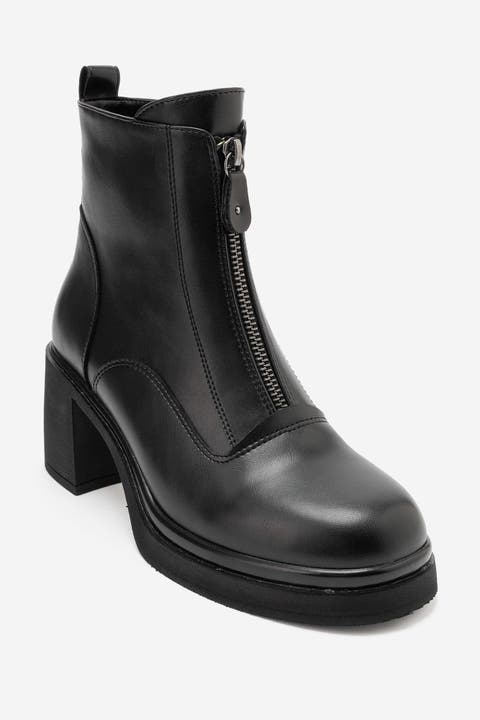 Stena Leather Front Zip Block Heel Boot