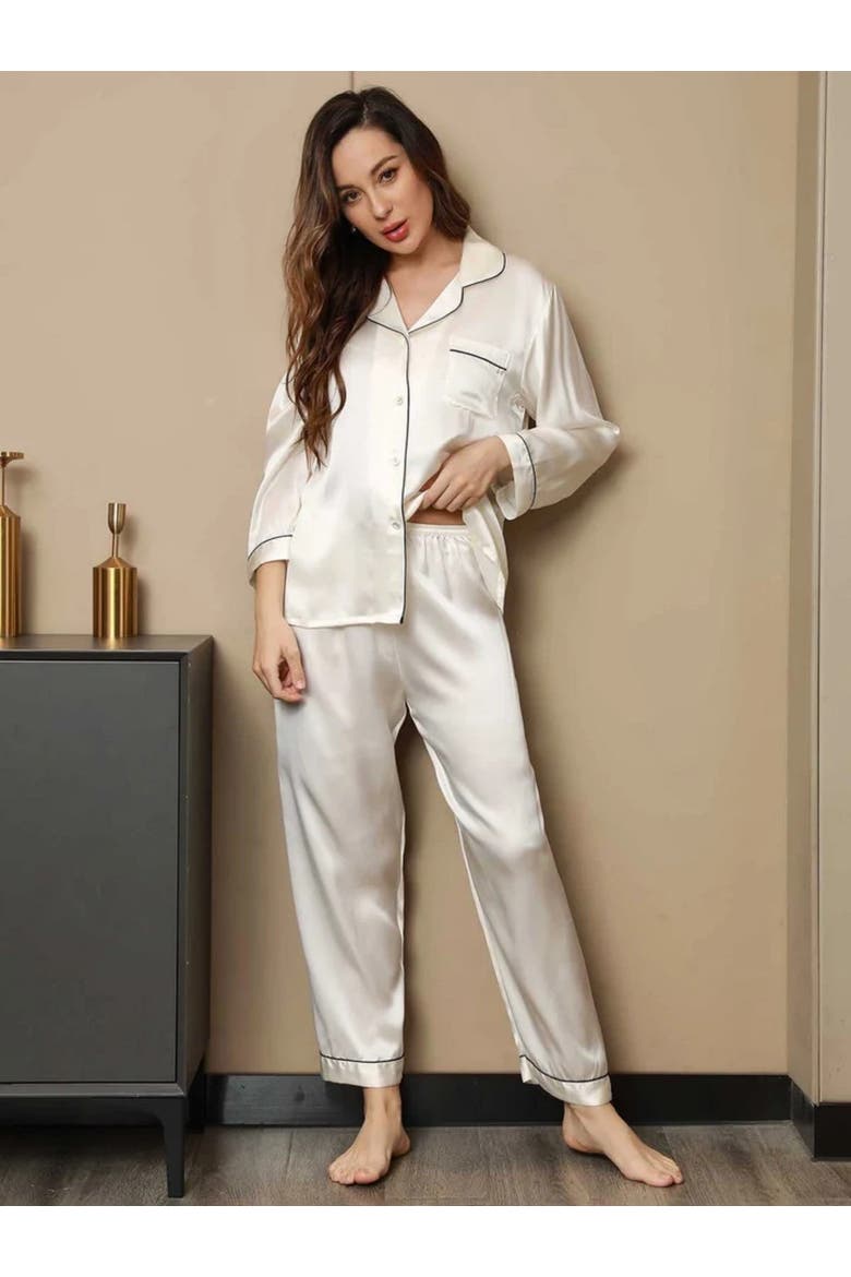 Pure Silk Long Sleeve Notch Collar Pajamas, Alternate, color, White