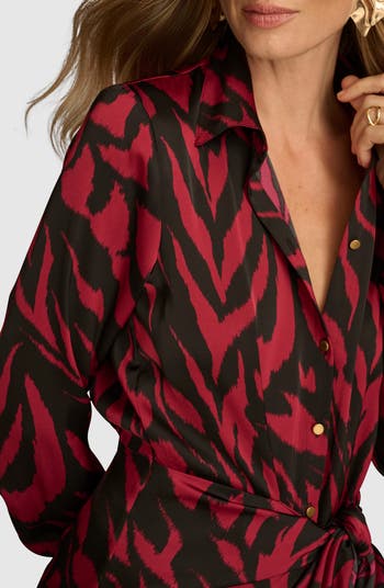 【Donna Karan New York】 Tie-Waist Shirtdress Donna Karan New York Print Tie Waist Linen Blend Midi