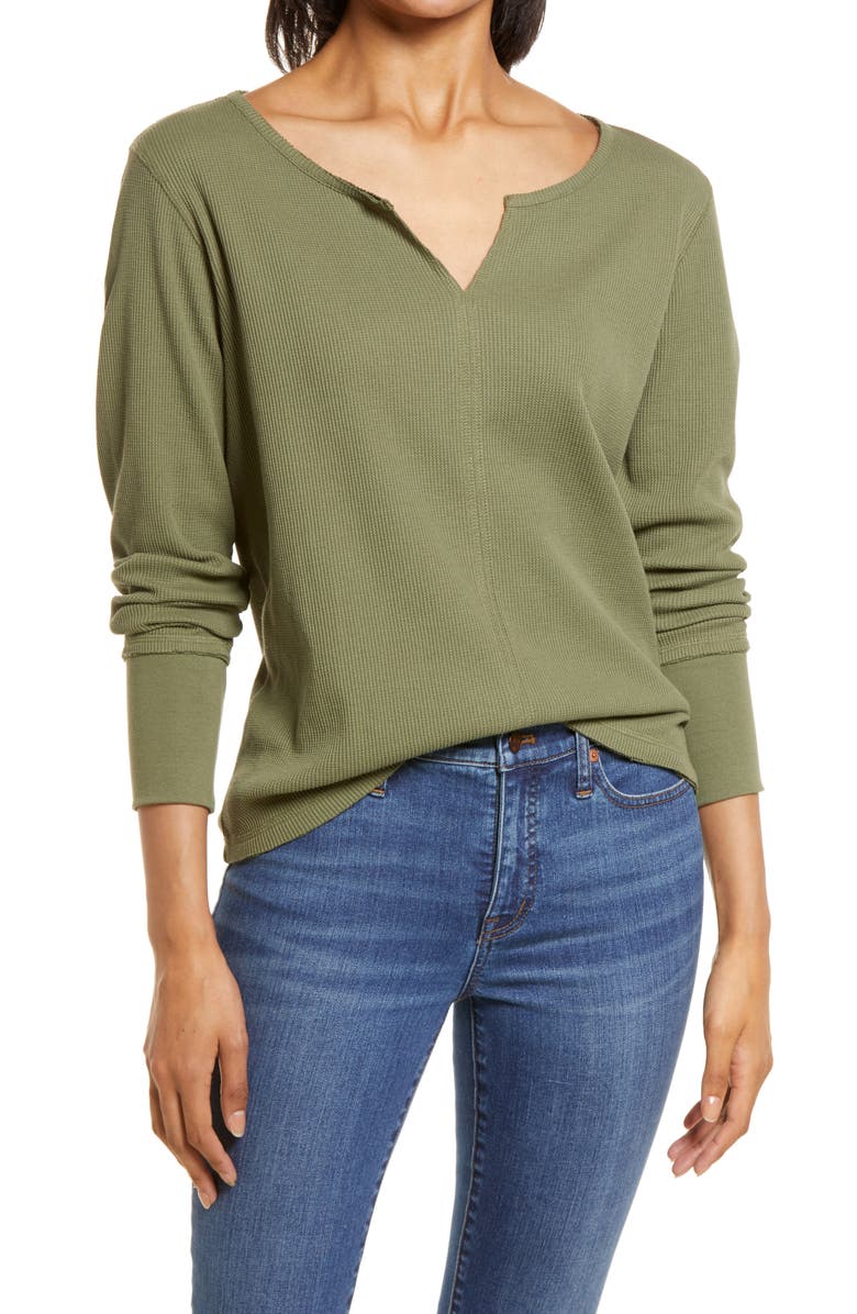 Caslon<sup>®</sup> Split Neck Organic Cotton Blend Thermal Knit Top, Main, color, 