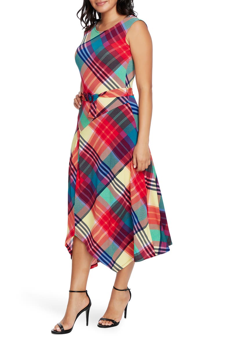 Plaid Asymmetrical Belted Dress, Alternate, color, EVENING NAVY
