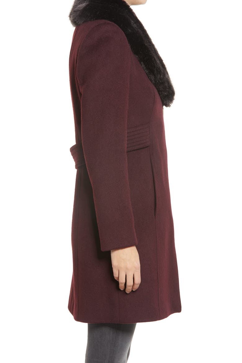 Asymmetrical Wool Coat with Faux Fur Collar, Alternate, color, BURGUNDY