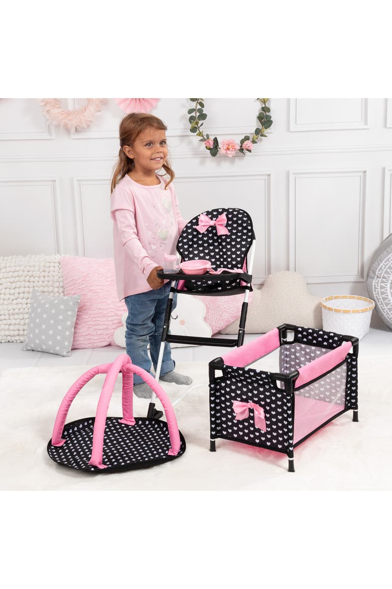 Travel 9 Piece Set Black, Pink, Hearts, for Dolls Up to 18 Inches, Alternate, color, Multicolored