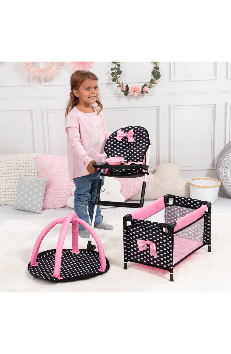 Bayer Design Travel 9 Piece Set Black, Pink, Hearts, for Dolls Up to 18 Inches, Alternate, color, Multicolored