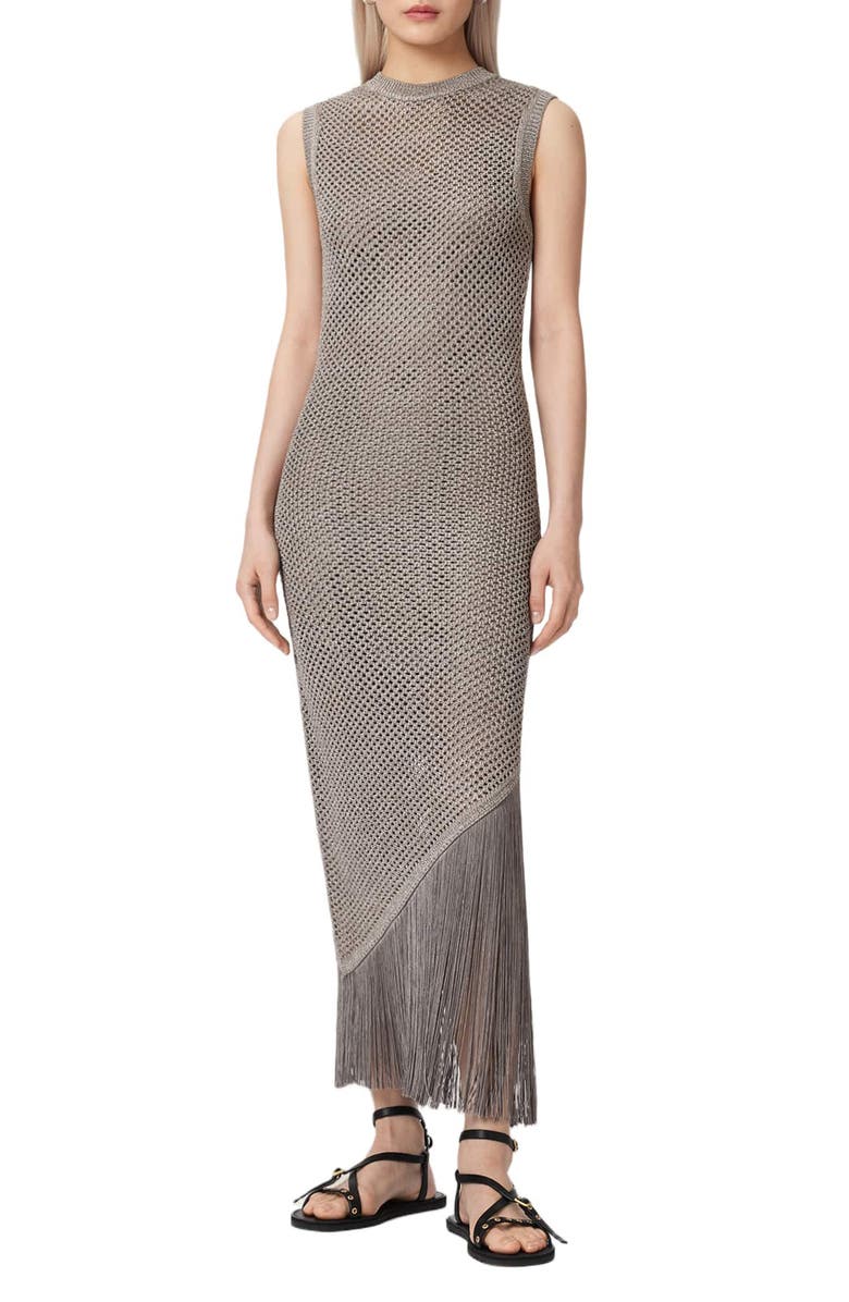 AllSaints Jessie Sleeveless Fringe Trim Dress, Main, color, 