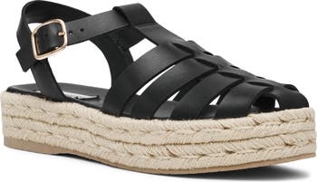 【Steve Madden】Marlin エスパドリーユ 厚底サンダル MARLIN Black Leather Women's Flatform Fisherman Espadrille