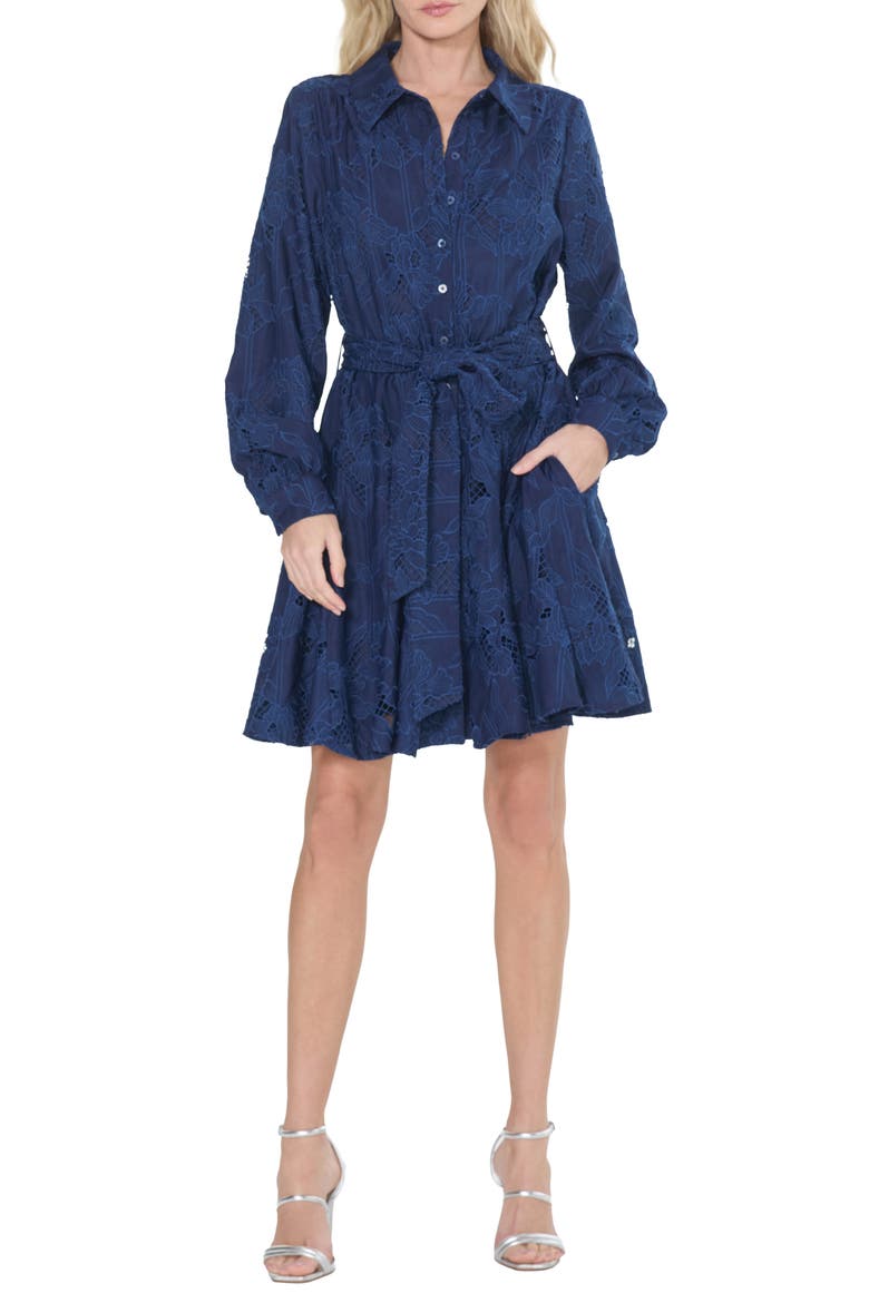 Serane Eyelet Embroidery Long Sleeve Minidress, Main, color, NAVY