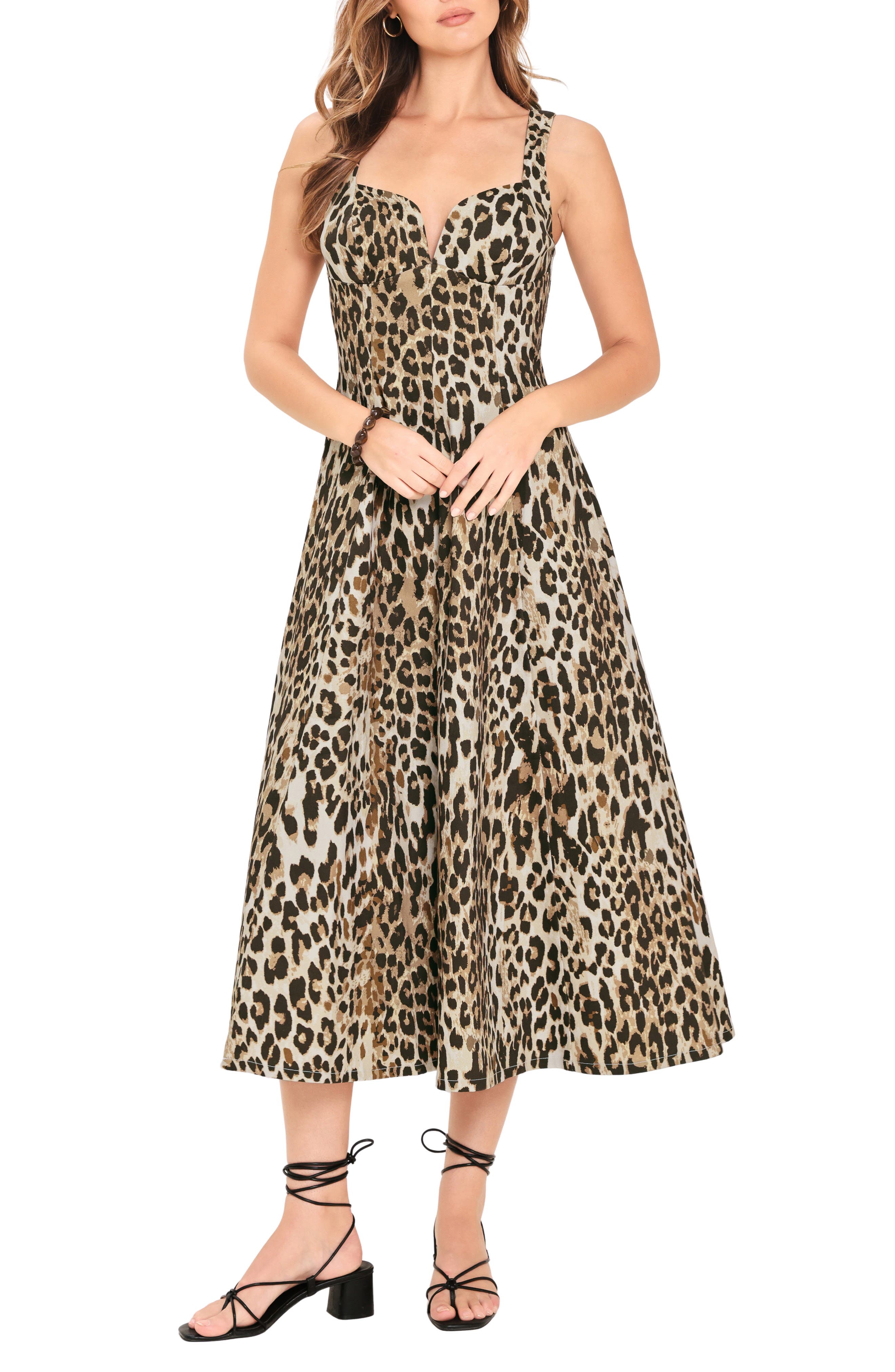 Leopard Print Stretch Cotton Fit & Flare Midi Dress