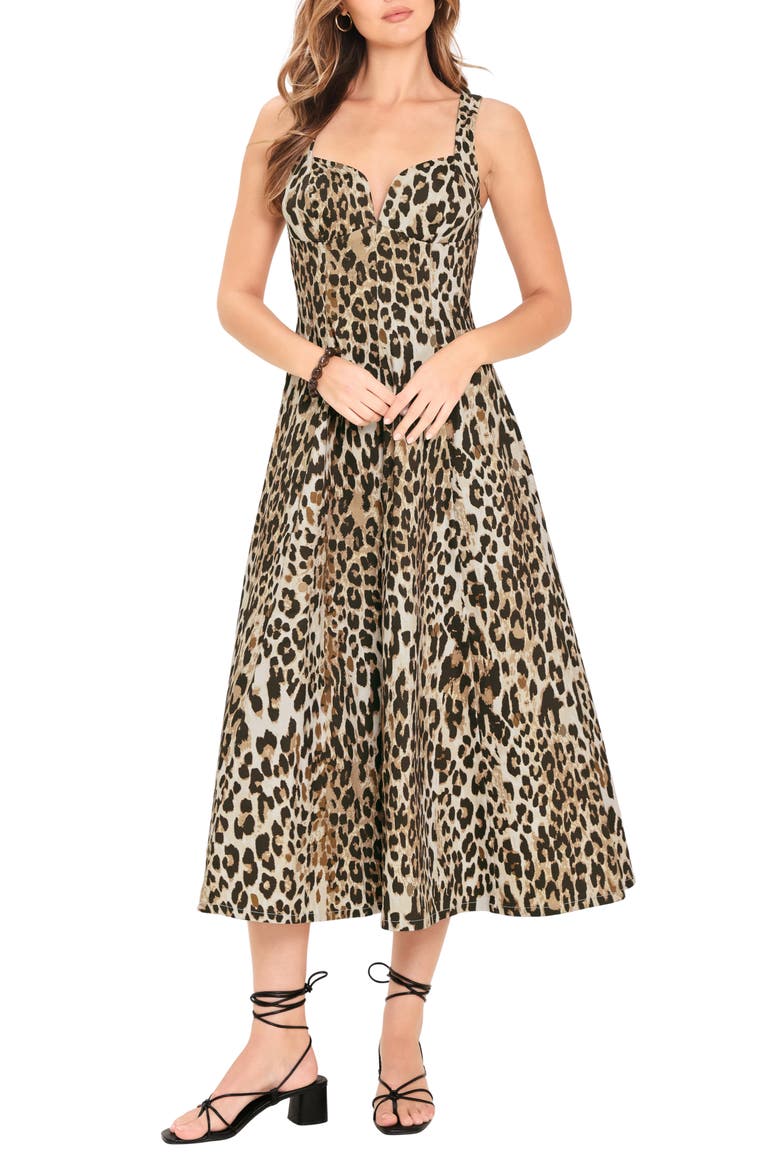 Leopard Print Stretch Cotton Fit & Flare Midi Dress, Main, color, LEOPARD