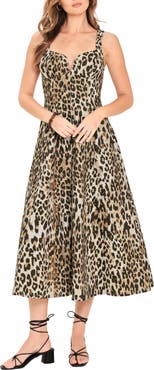 FLYING TOMATO Leopard Print Stretch Cotton Fit & Flare Midi Dress