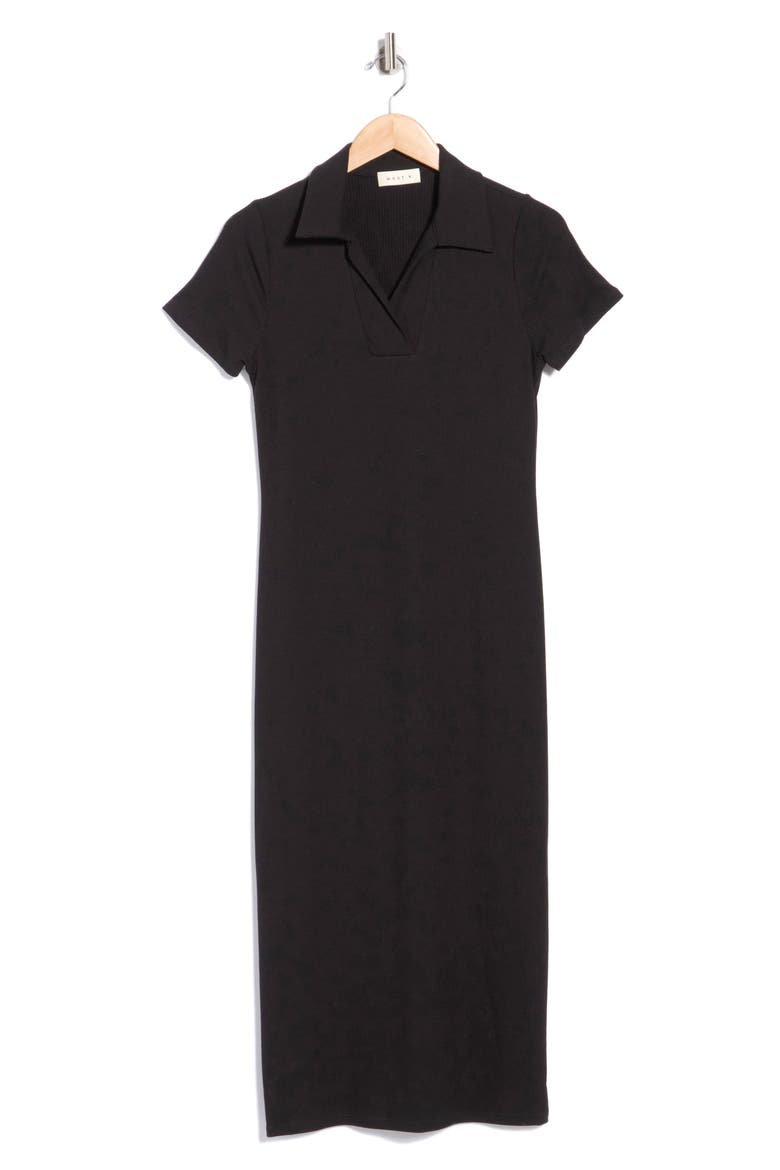 Johnny Collar Rib Midi Dress, Alternate, color, BLACK