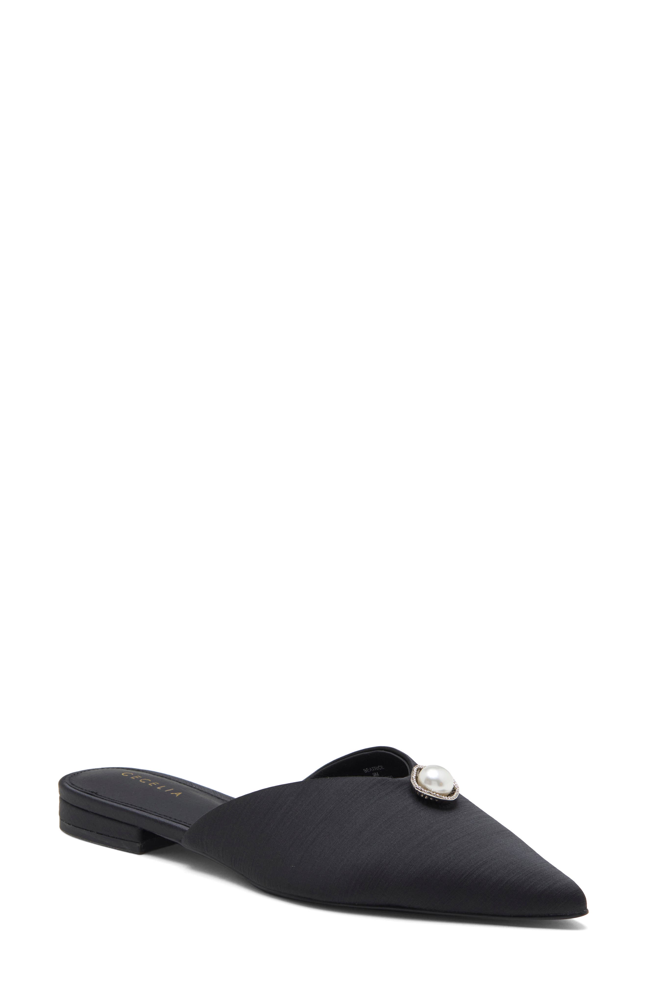 Beatrice Faux Pearl & Crystal Embellished Mule, Main, color, BLACK SATIN