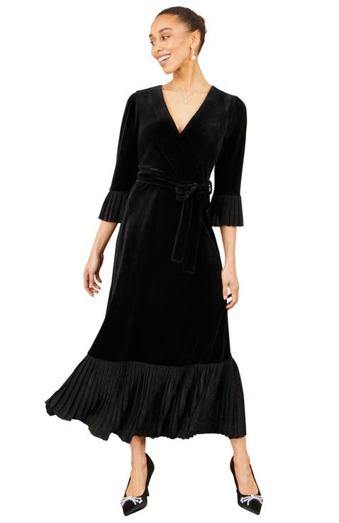 Velvet Midi Pleat Detail Wrap Dress