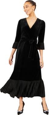 Yumi Velvet Midi Pleat Detail Wrap Dress