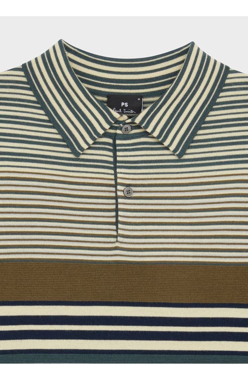 Paul Smith London Stripe Long Sleeve Merino Wool Polo In Green