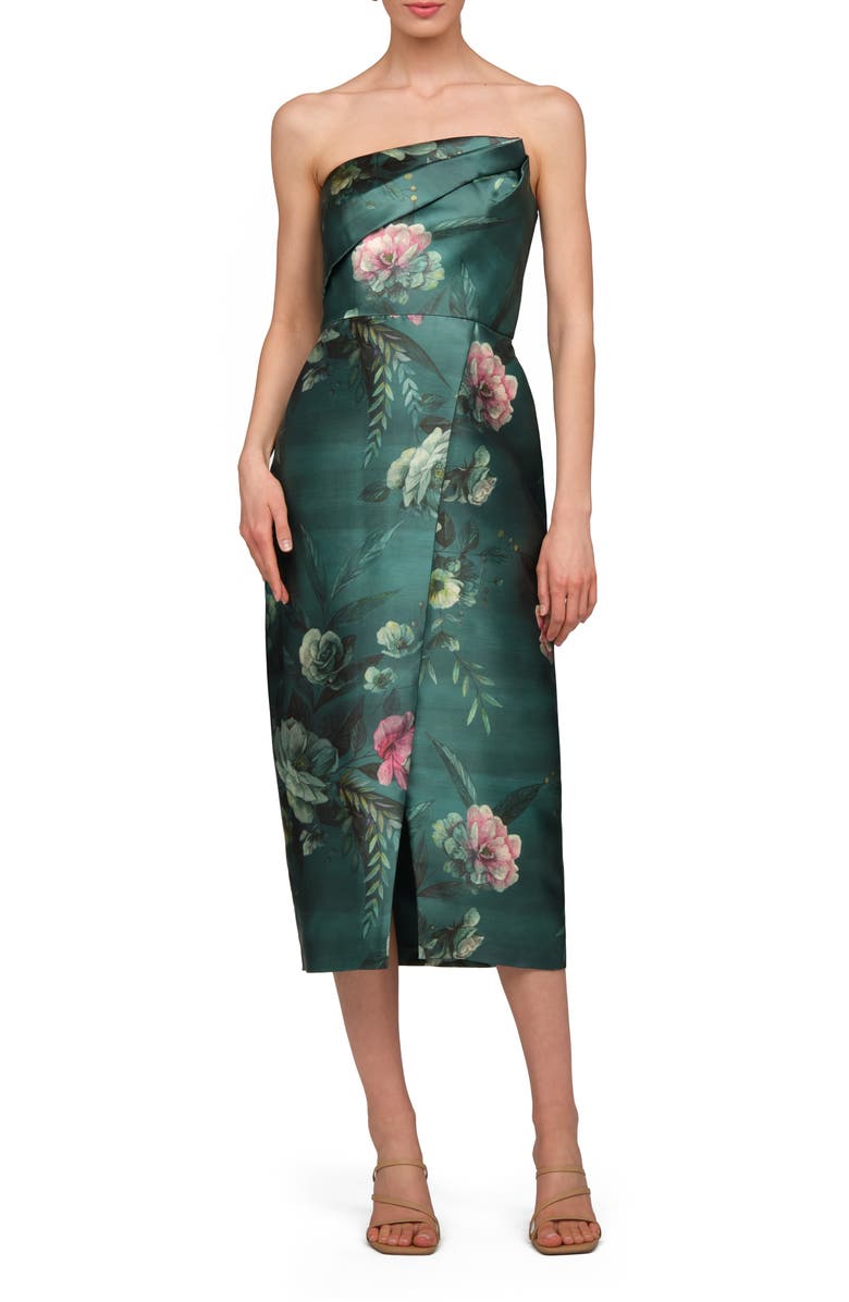 Kay Unger Amelie Floral Strapless Mikado Sheath Cocktail Dress, Main, color, Emerald